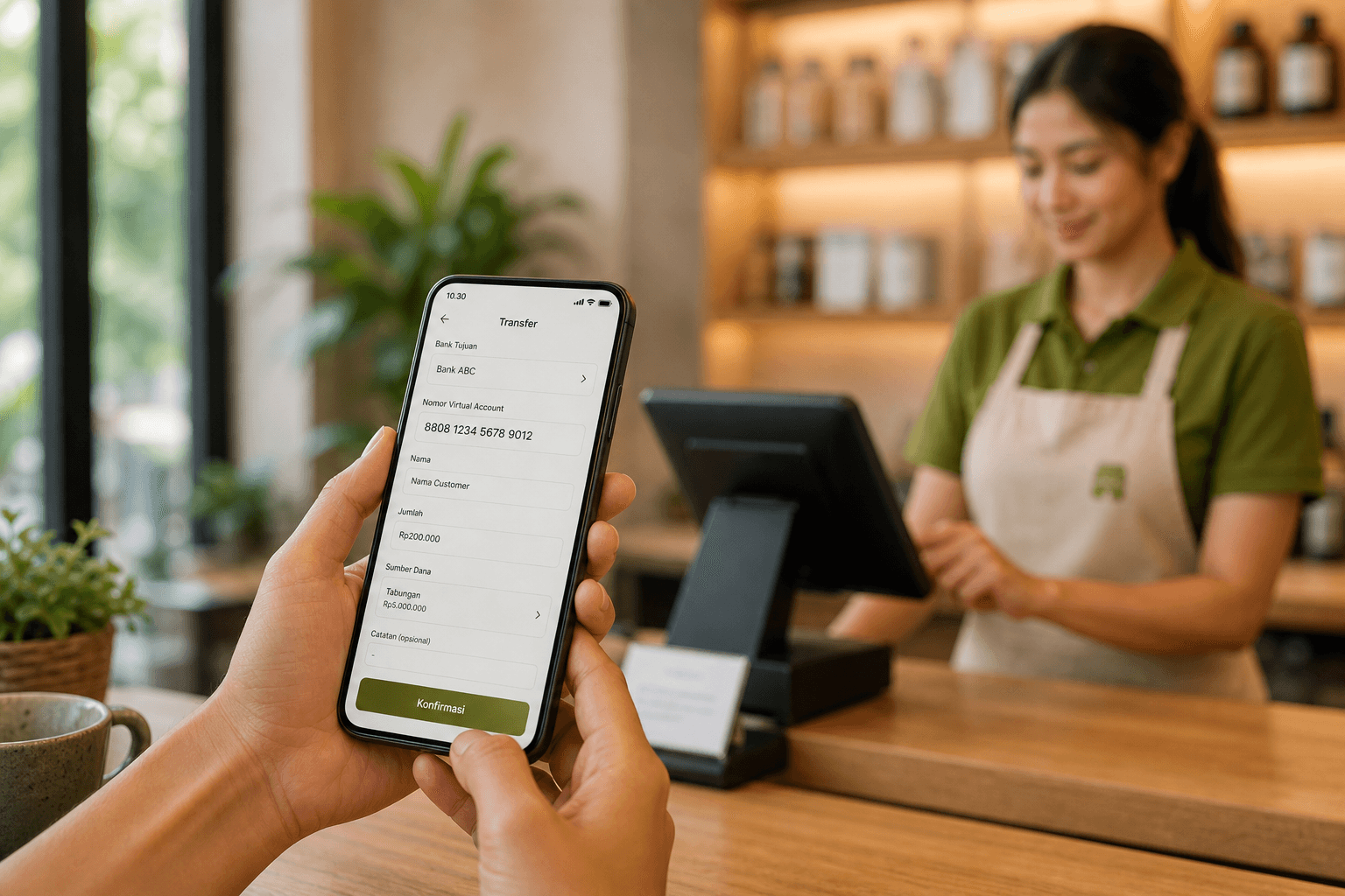Pelanggan membayar via transfer bank di aplikasi
